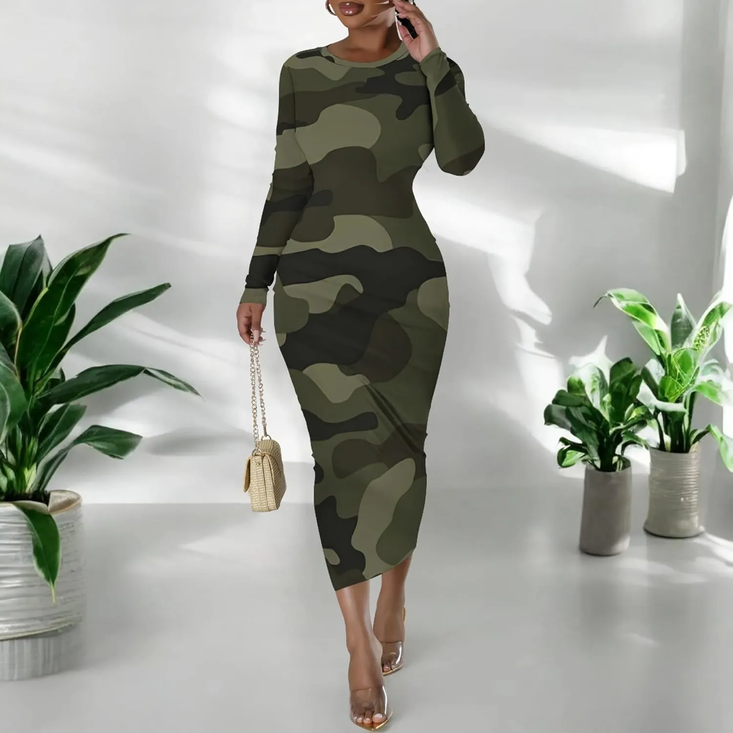 Women's Casual Basic Pencil Dress Sexy Crewneck Long Sleeve Cocktail Bodycon Midi Dress Elegant Club wear Party Outfits