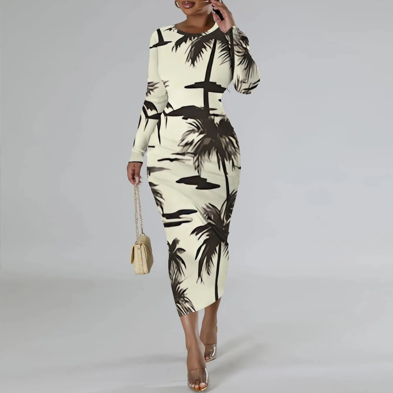 Women's Casual Basic Pencil Dress Sexy Crewneck Long Sleeve Cocktail Bodycon Midi Dress Elegant Club wear Party Outfits
