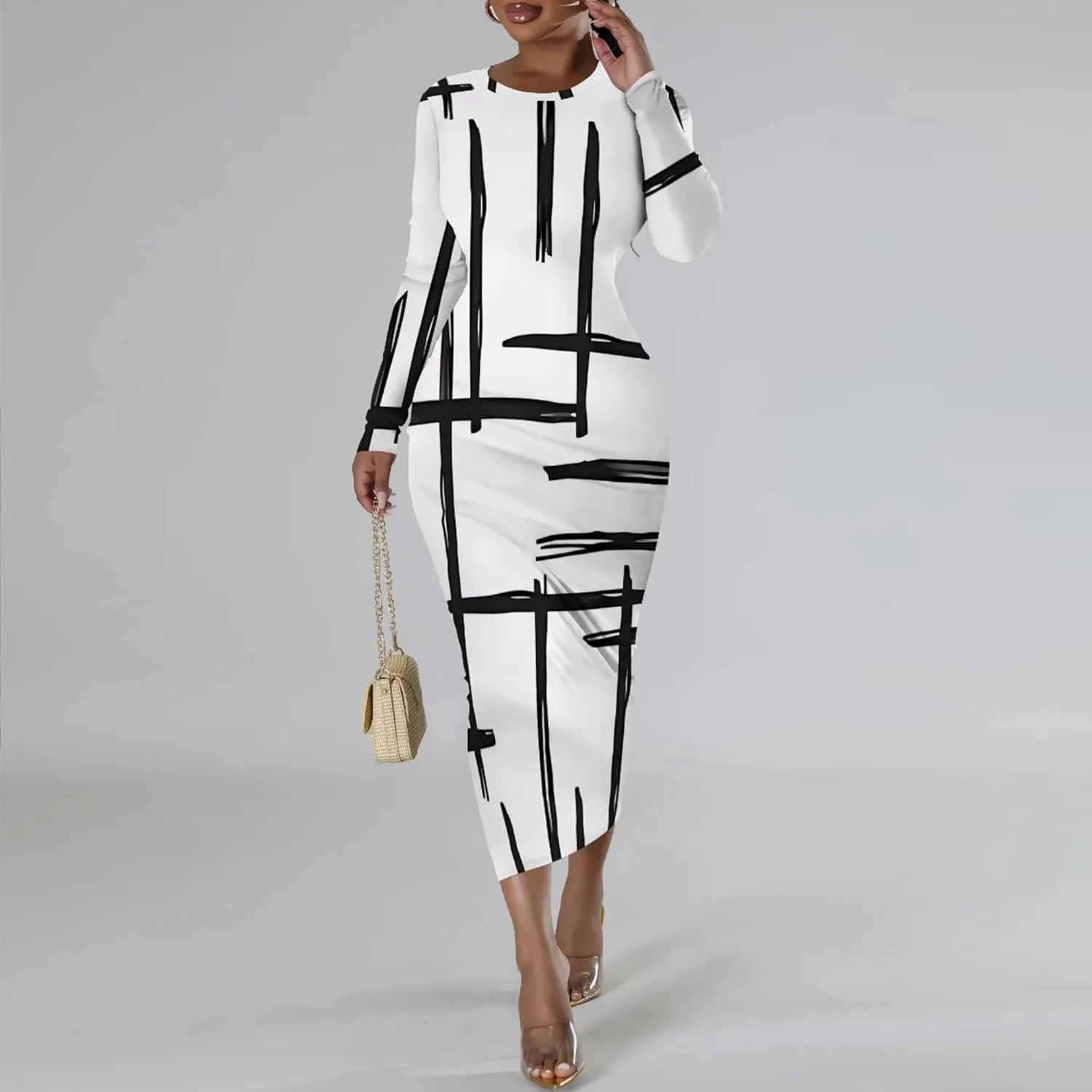 Women's Casual Basic Pencil Dress Sexy Crewneck Long Sleeve Cocktail Bodycon Midi Dress Elegant Club wear Party Outfits