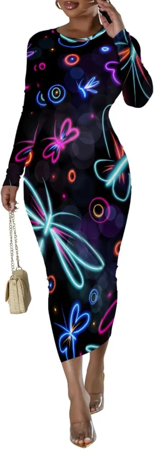 Women's Casual Basic Pencil Dress Sexy Crewneck Long Sleeve Cocktail Bodycon Midi Dress Elegant Club wear Party Outfits