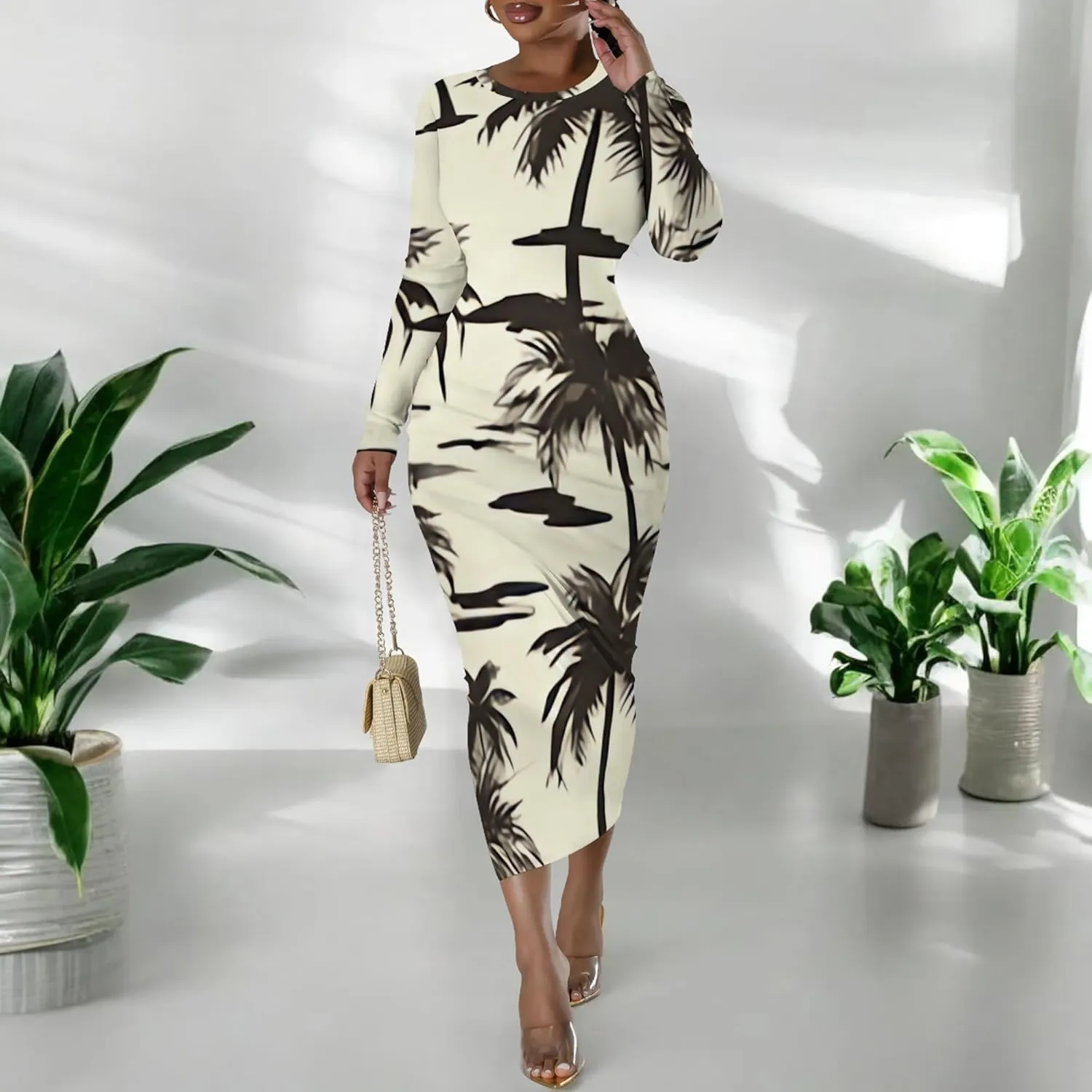 Women's Casual Basic Pencil Dress Sexy Crewneck Long Sleeve Cocktail Bodycon Midi Dress Elegant Club wear Party Outfits