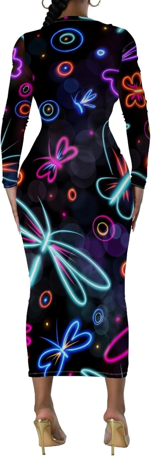 Women's Casual Basic Pencil Dress Sexy Crewneck Long Sleeve Cocktail Bodycon Midi Dress Elegant Club wear Party Outfits