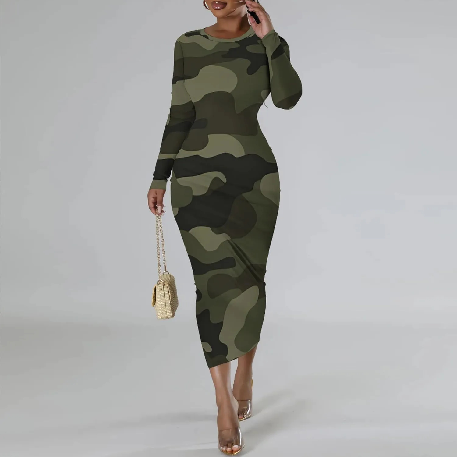 Women's Casual Basic Pencil Dress Sexy Crewneck Long Sleeve Cocktail Bodycon Midi Dress Elegant Club wear Party Outfits