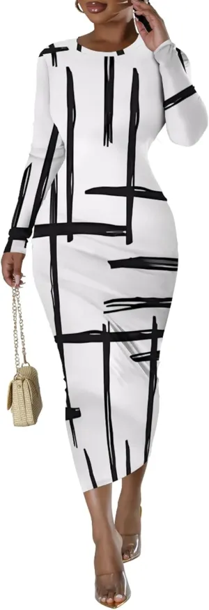Women's Casual Basic Pencil Dress Sexy Crewneck Long Sleeve Cocktail Bodycon Midi Dress Elegant Club wear Party Outfits