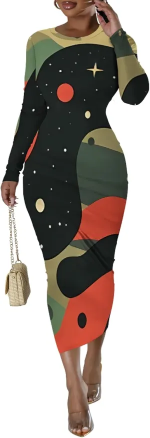 Women's Casual Basic Pencil Dress Sexy Crewneck Long Sleeve Cocktail Bodycon Midi Dress Elegant Club wear Party Outfits