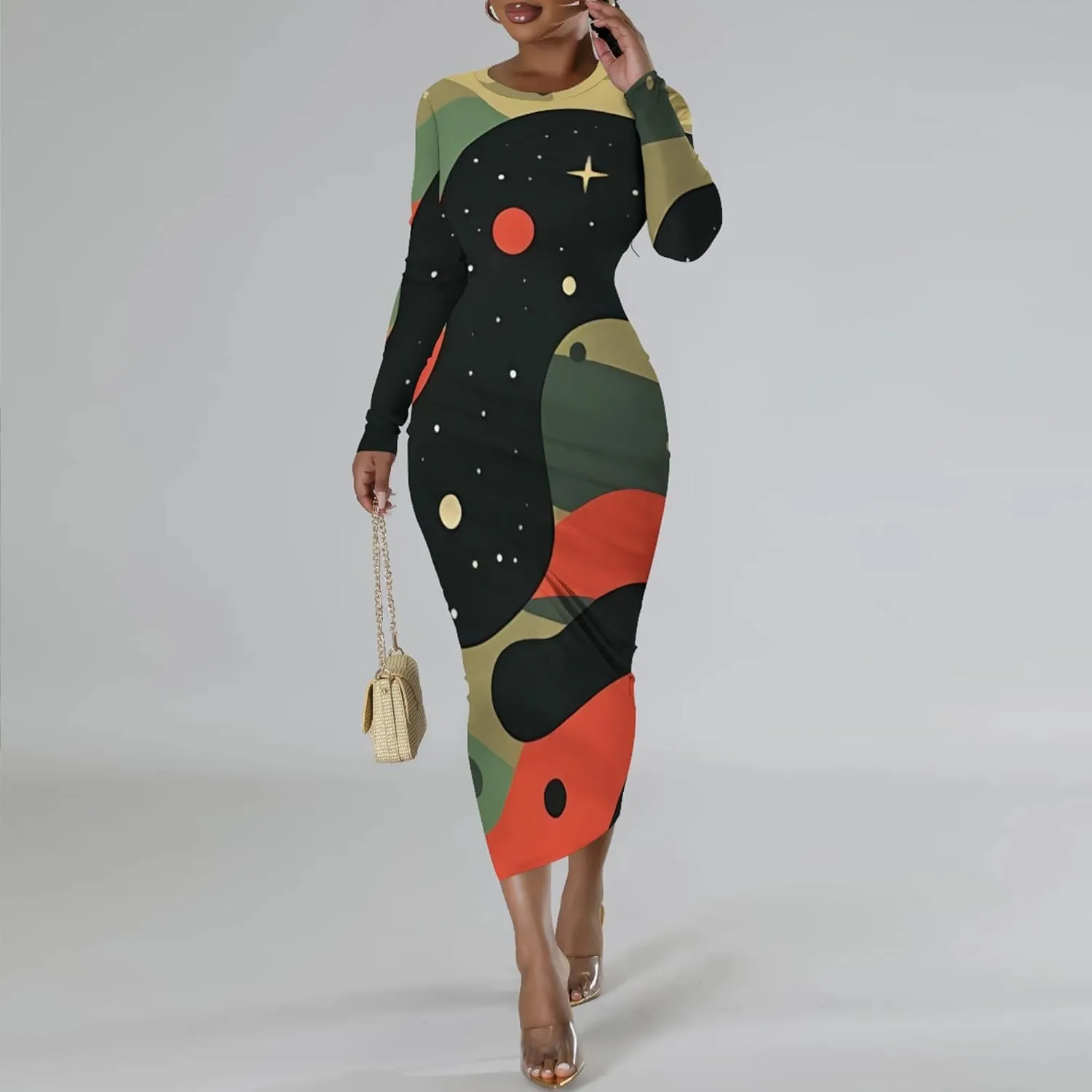 Women's Casual Basic Pencil Dress Sexy Crewneck Long Sleeve Cocktail Bodycon Midi Dress Elegant Club wear Party Outfits