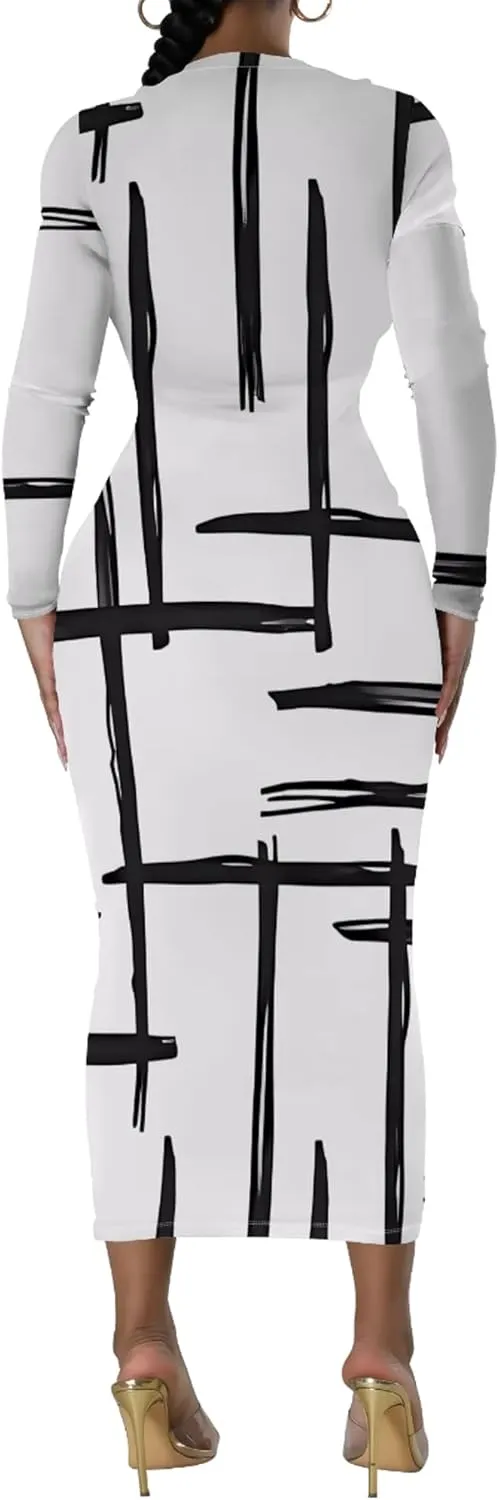 Women's Casual Basic Pencil Dress Sexy Crewneck Long Sleeve Cocktail Bodycon Midi Dress Elegant Club wear Party Outfits