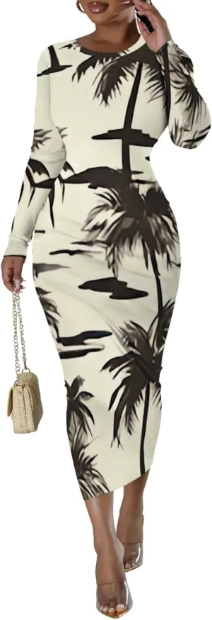 Women's Casual Basic Pencil Dress Sexy Crewneck Long Sleeve Cocktail Bodycon Midi Dress Elegant Club wear Party Outfits