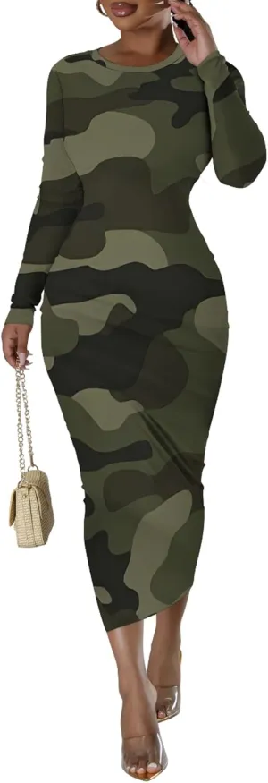 Women's Casual Basic Pencil Dress Sexy Crewneck Long Sleeve Cocktail Bodycon Midi Dress Elegant Club wear Party Outfits