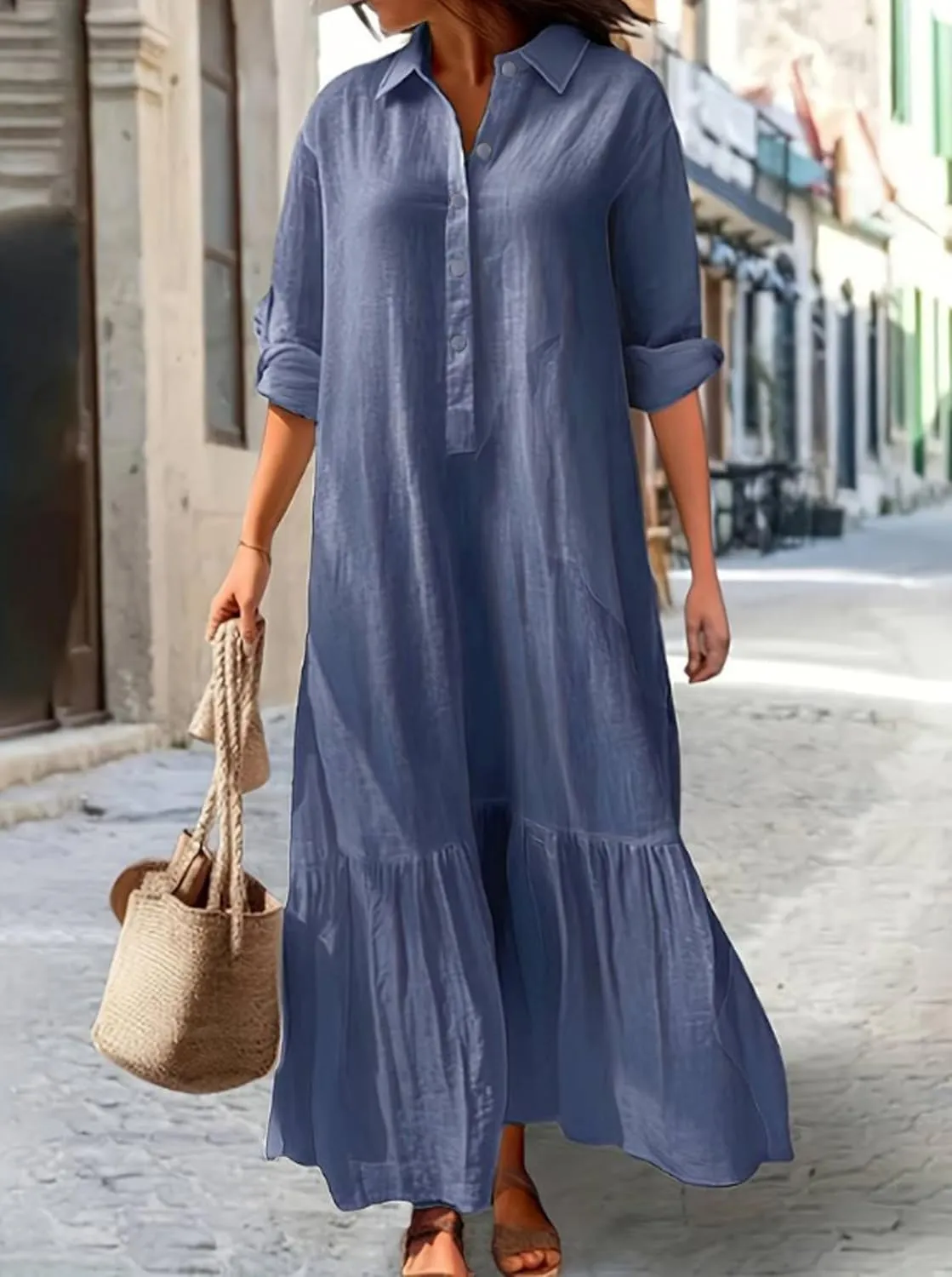 Women's Casual Button Down Cotton Linen Maxi Dress Long Sleeve Casual Lapel Flowy Dresses Loose Beach Vacation Dress