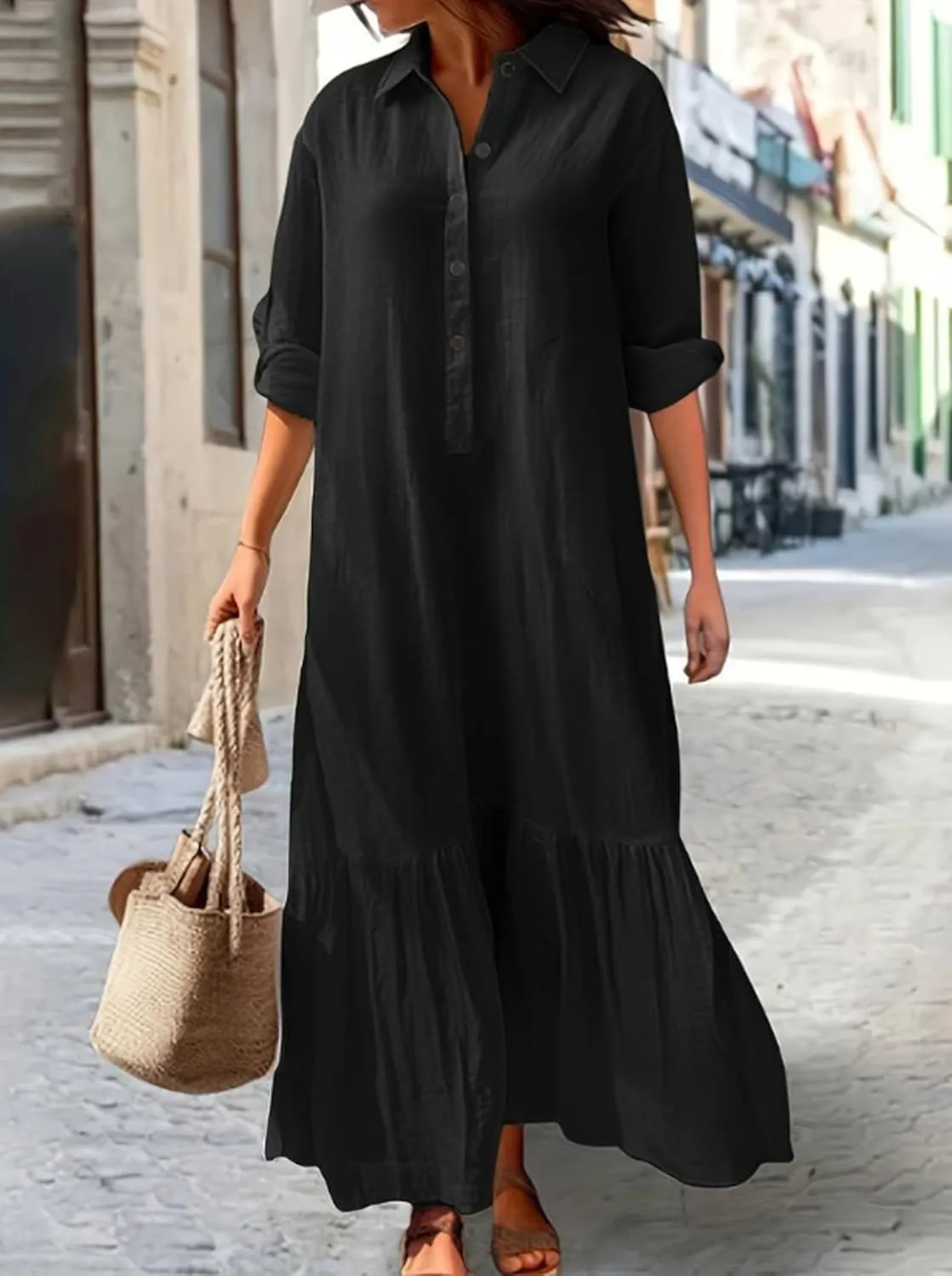Women's Casual Button Down Cotton Linen Maxi Dress Long Sleeve Casual Lapel Flowy Dresses Loose Beach Vacation Dress