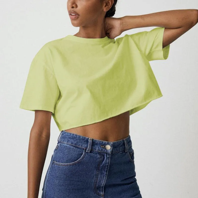 Women's Casual Crop T-Shirt - Loose Fit, Cotton