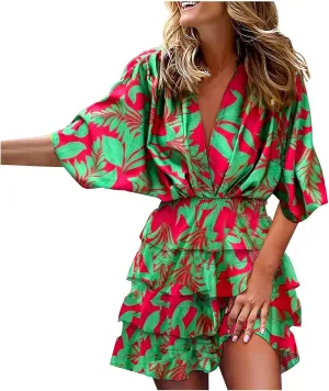 Women's Casual Dresses Summer Casual V-Neck Short Sleeve Midi Dress 2025 Loose Swing Flowy Floral Dresses, S-2XL
