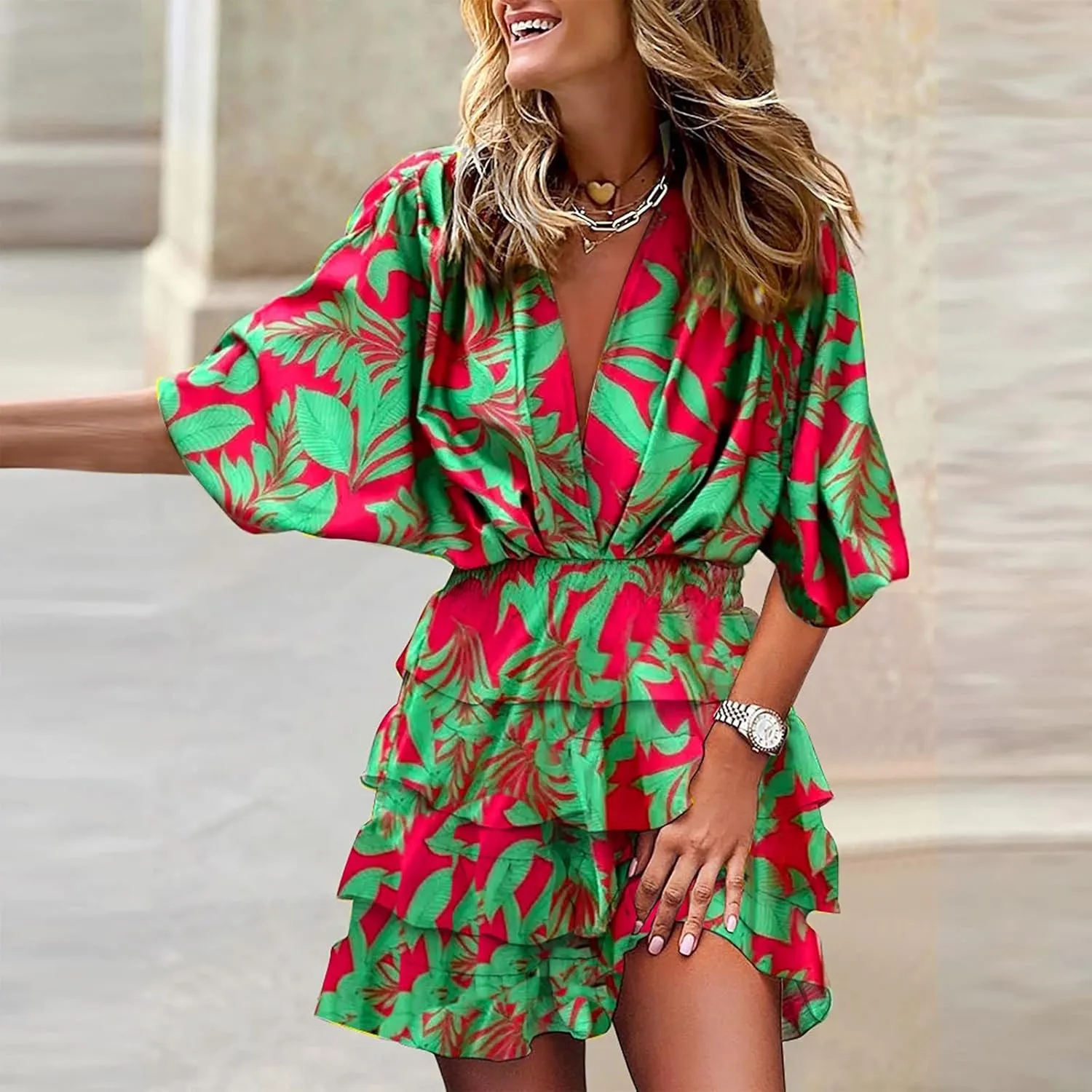 Women's Casual Dresses Summer Casual V-Neck Short Sleeve Midi Dress 2025 Loose Swing Flowy Floral Dresses, S-2XL