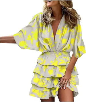 Women's Casual Dresses Summer Casual V-Neck Short Sleeve Midi Dress 2025 Loose Swing Flowy Floral Dresses, S-2XL