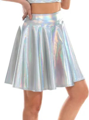 Women's Casual Fashion Flared Pleated A-Line Circle Skater Skirts Pleated Fashion Shiny Skirt Ruffle Mini Skirts