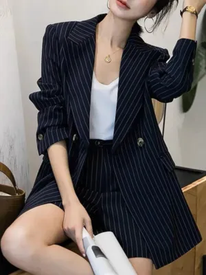 Women's Casual Loose Blazer and Shorts Suit | Navy Blue Striped Two-Piece Set | Spring Summer Fashion
