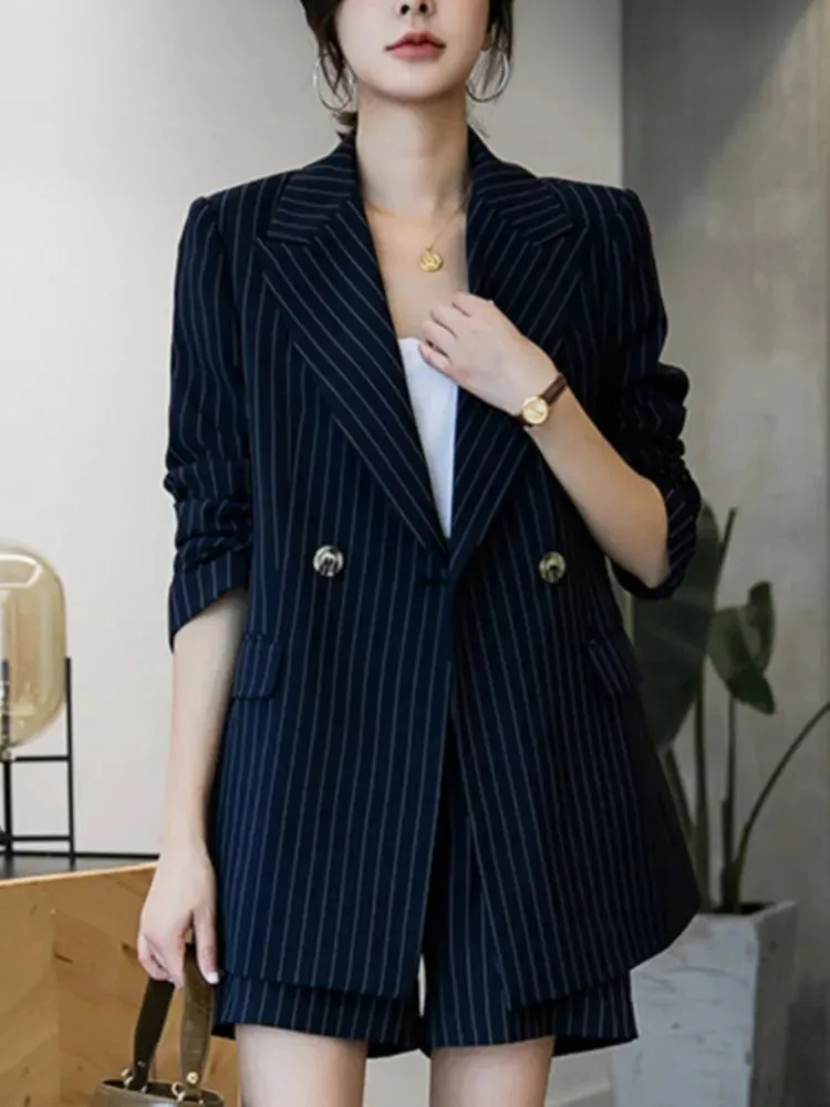 Women's Casual Loose Blazer and Shorts Suit | Navy Blue Striped Two-Piece Set | Spring Summer Fashion