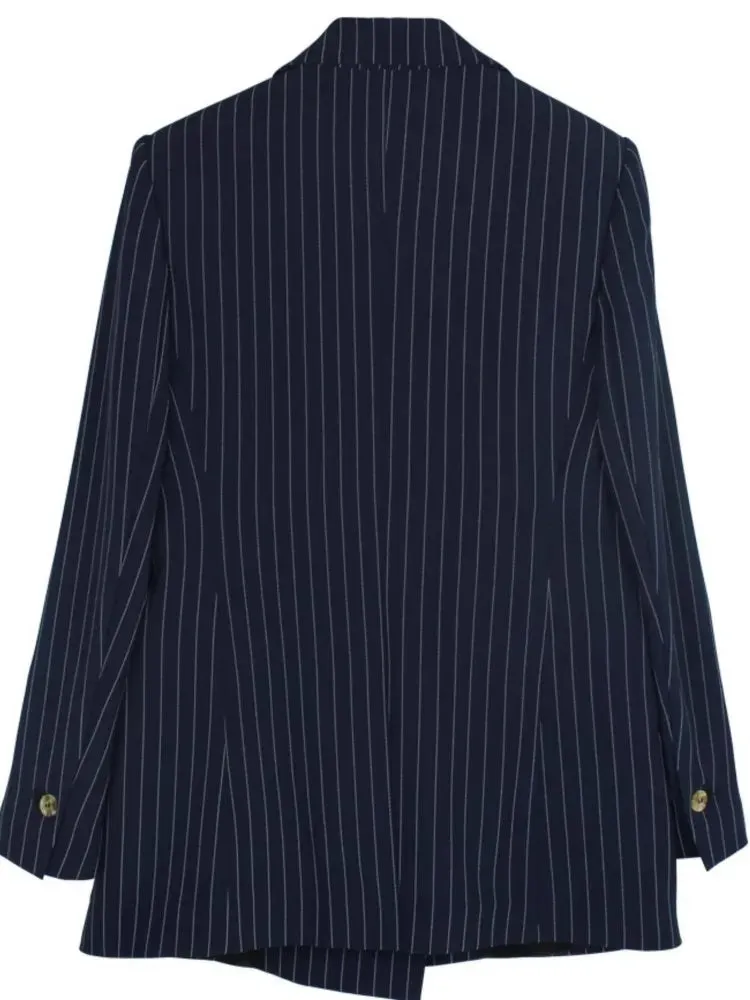 Women's Casual Loose Blazer and Shorts Suit | Navy Blue Striped Two-Piece Set | Spring Summer Fashion