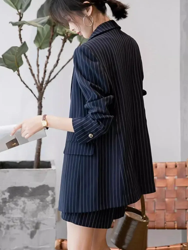 Women's Casual Loose Blazer and Shorts Suit | Navy Blue Striped Two-Piece Set | Spring Summer Fashion