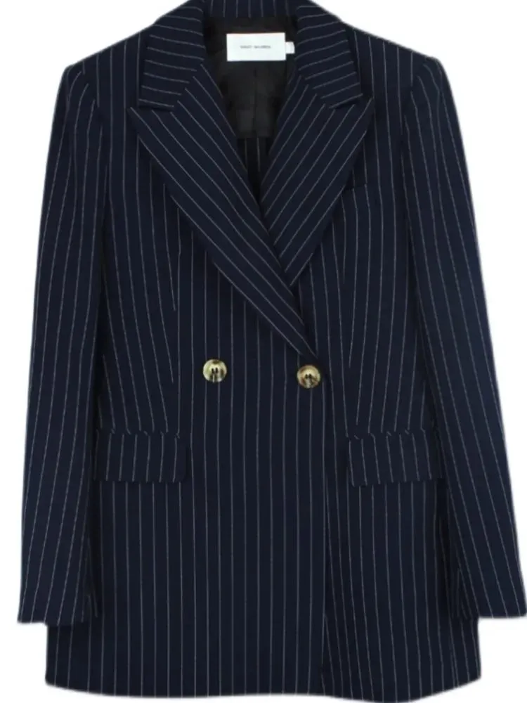 Women's Casual Loose Blazer and Shorts Suit | Navy Blue Striped Two-Piece Set | Spring Summer Fashion
