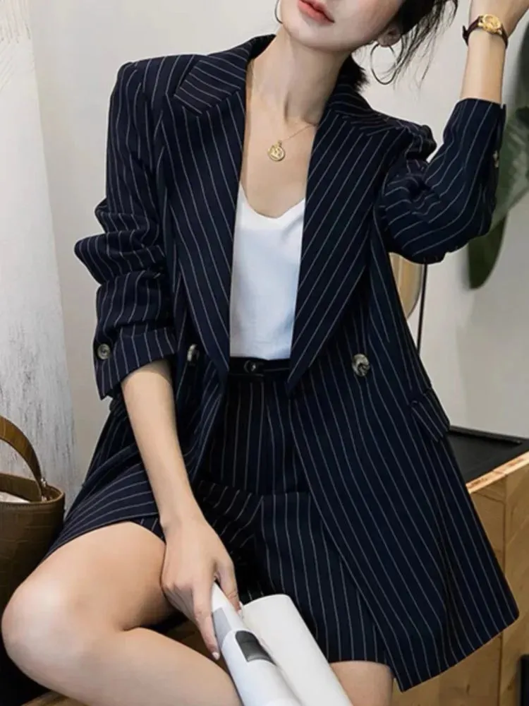 Women's Casual Loose Blazer and Shorts Suit | Navy Blue Striped Two-Piece Set | Spring Summer Fashion