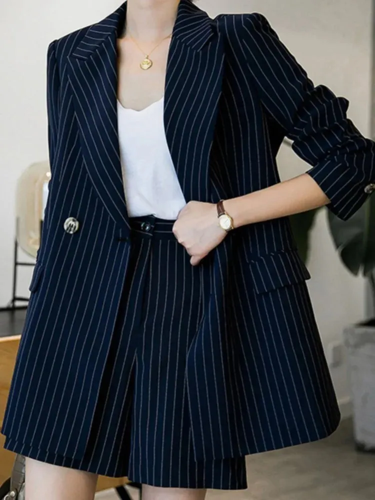 Women's Casual Loose Blazer and Shorts Suit | Navy Blue Striped Two-Piece Set | Spring Summer Fashion