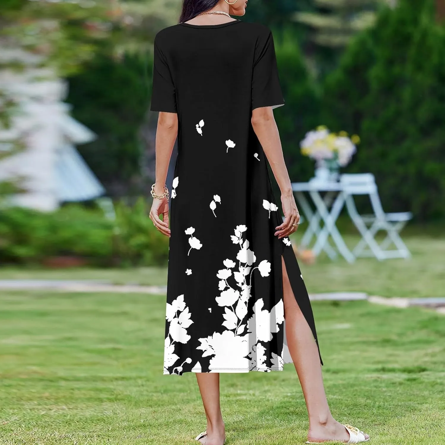 Women's Casual Loose Fit Short Sleeve Midi Dress with Side Slits Comfortable Summer Beach Wear