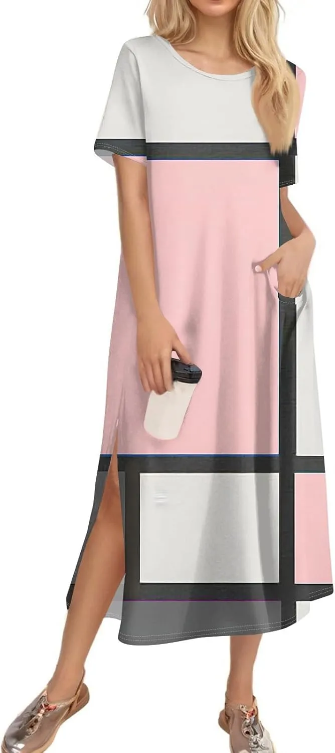 Women's Casual Loose Fit Short Sleeve Midi Dress with Side Slits Comfortable Summer Beach Wear