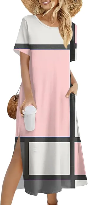 Women's Casual Loose Fit Short Sleeve Midi Dress with Side Slits Comfortable Summer Beach Wear