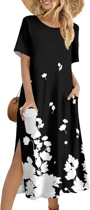 Women's Casual Loose Fit Short Sleeve Midi Dress with Side Slits Comfortable Summer Beach Wear