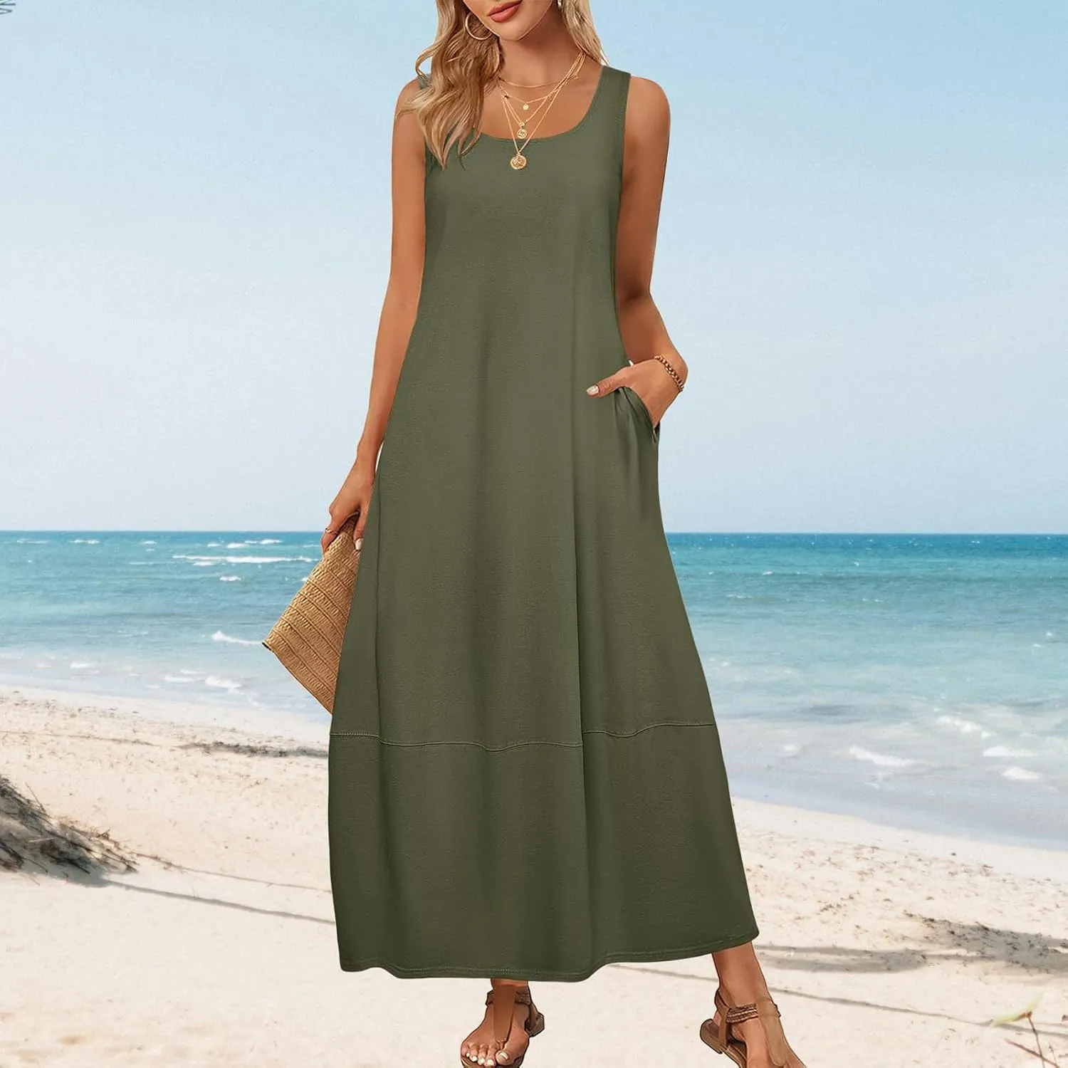 Women's Casual Maxi Sundress Loose Scoop Neck Sleeveless Tank Dress Summer Trendy Beach Long Dresses