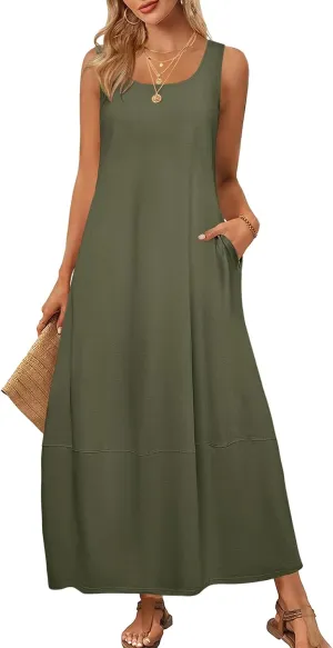 Women's Casual Maxi Sundress Loose Scoop Neck Sleeveless Tank Dress Summer Trendy Beach Long Dresses