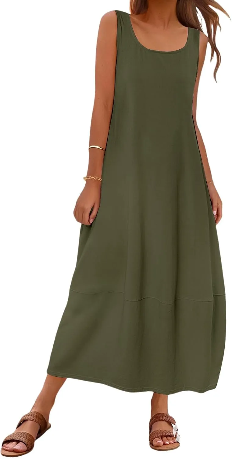 Women's Casual Maxi Sundress Loose Scoop Neck Sleeveless Tank Dress Summer Trendy Beach Long Dresses