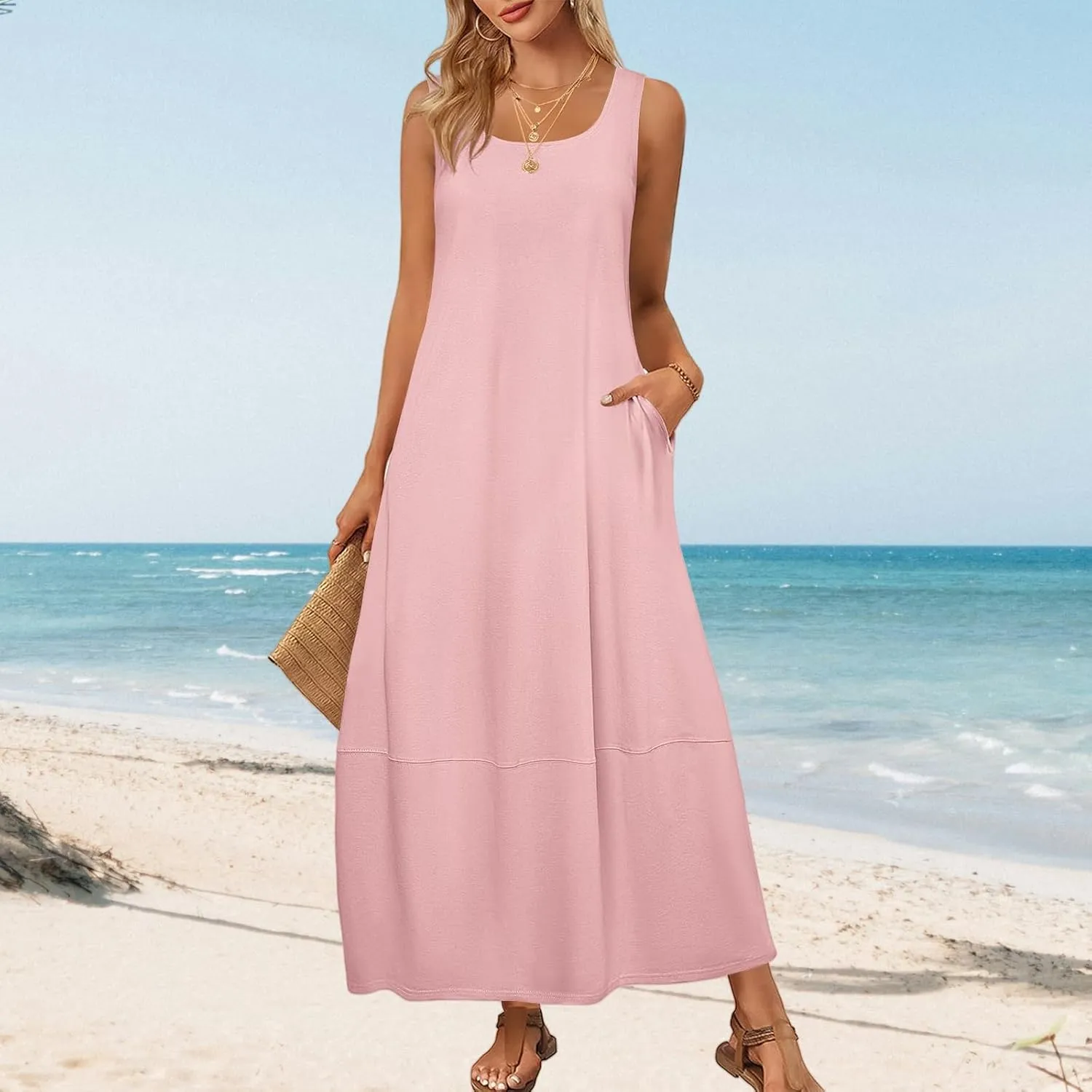 Women's Casual Maxi Sundress Loose Scoop Neck Sleeveless Tank Dress Summer Trendy Beach Long Dresses