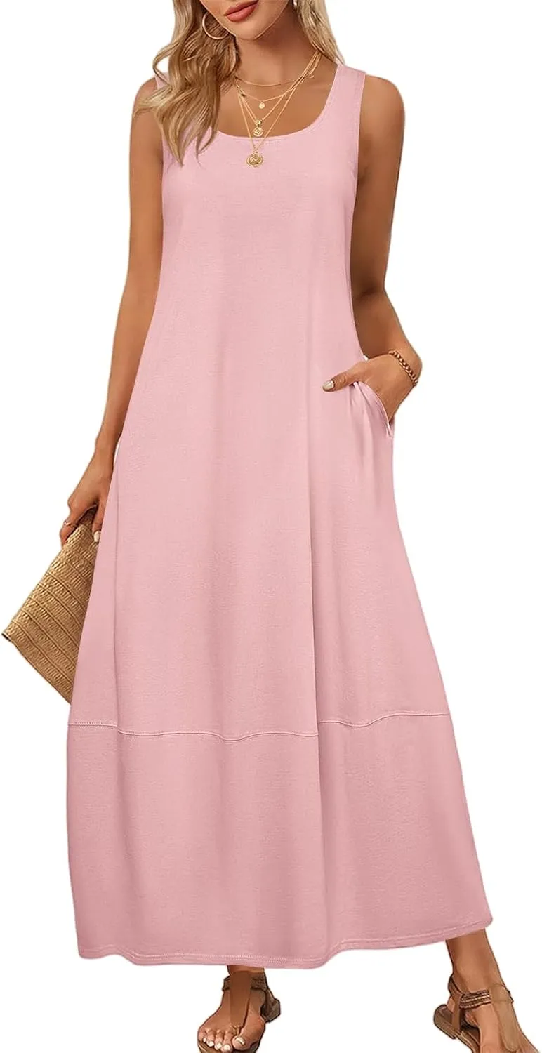 Women's Casual Maxi Sundress Loose Scoop Neck Sleeveless Tank Dress Summer Trendy Beach Long Dresses