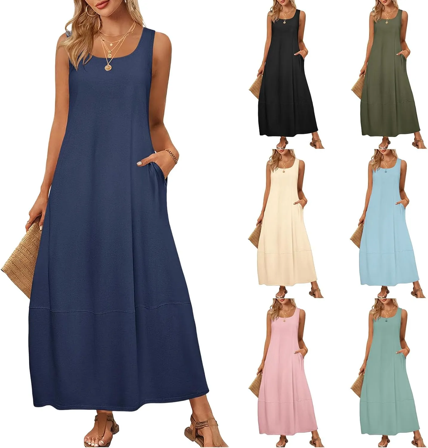 Women's Casual Maxi Sundress Loose Scoop Neck Sleeveless Tank Dress Summer Trendy Beach Long Dresses