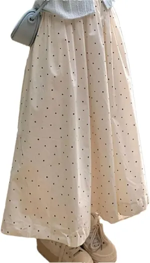Women's Casual Polka Dot Loose Long Skirts Elegant A-Line High Waist Elastic Printed Skirts