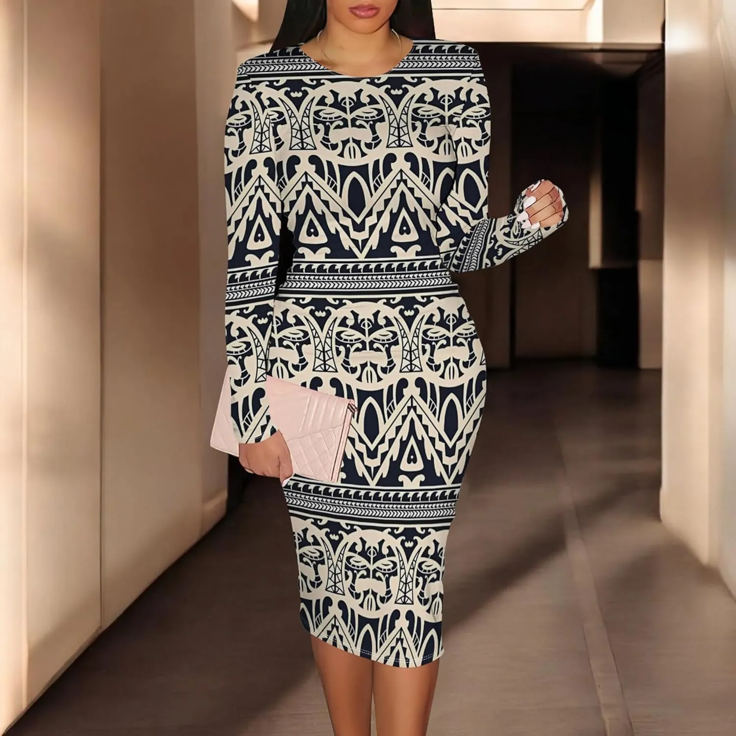 Women's Casual Ruched Basic Pencil Dress Sexy Crewneck Long Sleeve Tight Bodycon Midi Dress Cocktail Club wear Party Outfits