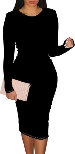 Women's Casual Ruched Basic Pencil Dress Sexy Crewneck Long Sleeve Tight Bodycon Midi Dress Cocktail Club wear Party Outfits
