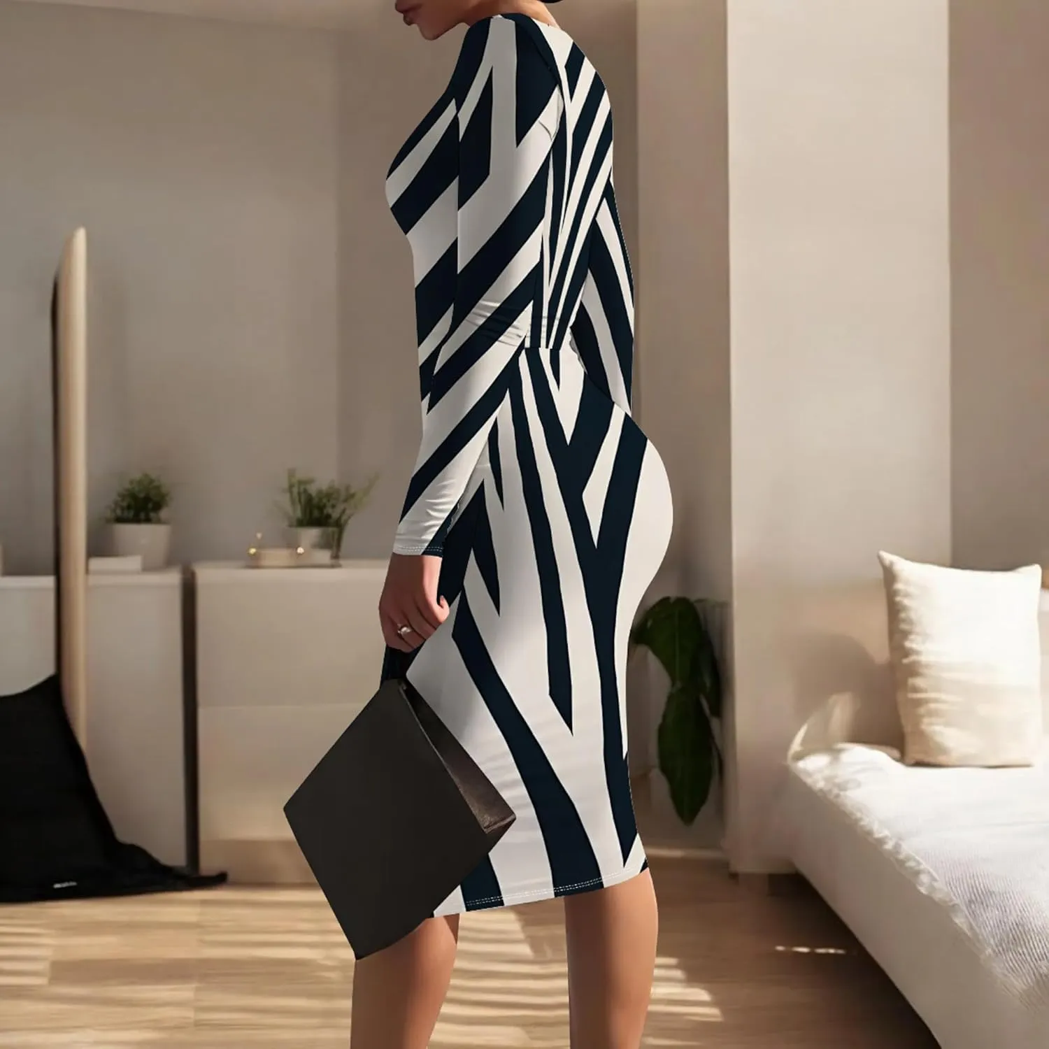 Women's Casual Ruched Basic Pencil Dress Sexy Crewneck Long Sleeve Tight Bodycon Midi Dress Cocktail Club wear Party Outfits