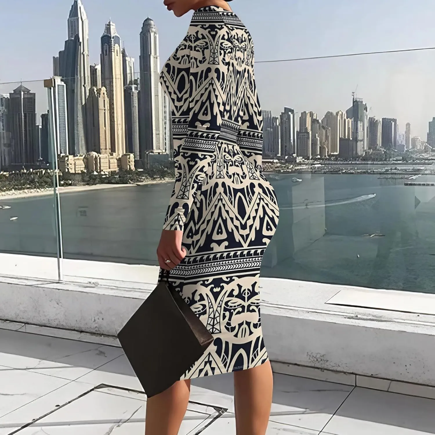 Women's Casual Ruched Basic Pencil Dress Sexy Crewneck Long Sleeve Tight Bodycon Midi Dress Cocktail Club wear Party Outfits