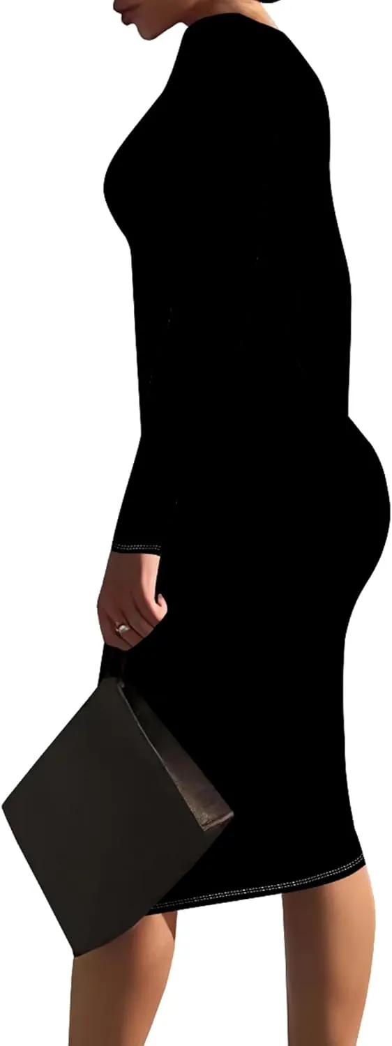 Women's Casual Ruched Basic Pencil Dress Sexy Crewneck Long Sleeve Tight Bodycon Midi Dress Cocktail Club wear Party Outfits