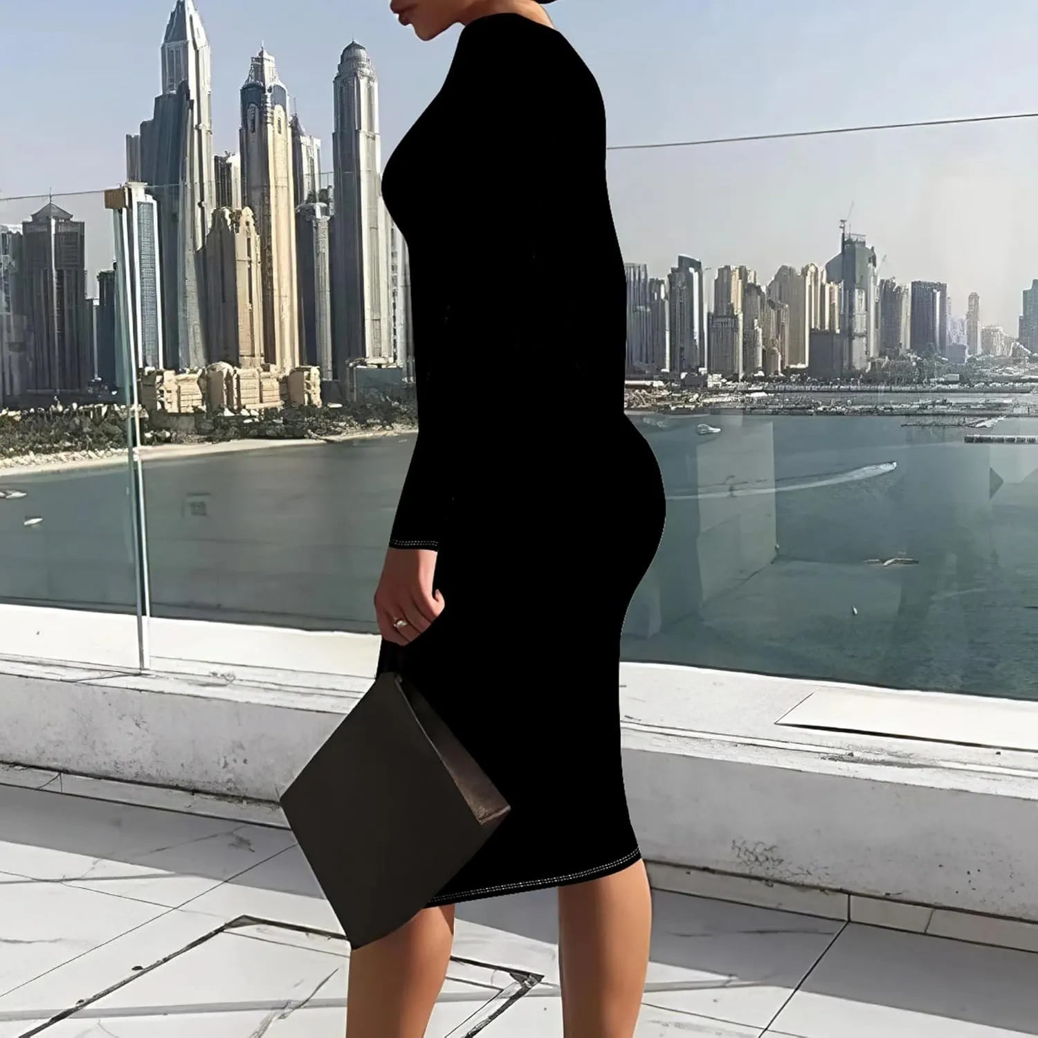 Women's Casual Ruched Basic Pencil Dress Sexy Crewneck Long Sleeve Tight Bodycon Midi Dress Cocktail Club wear Party Outfits
