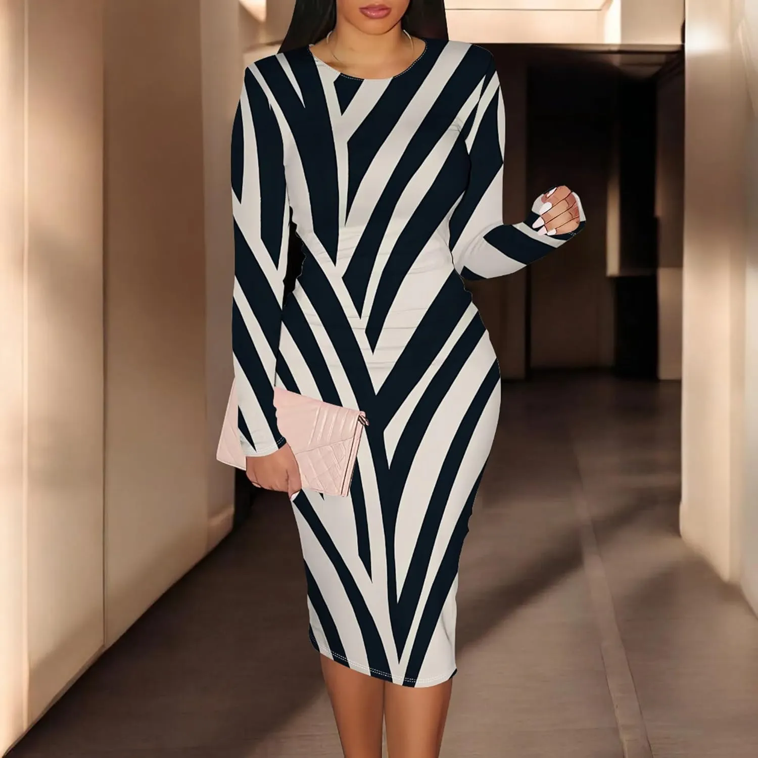Women's Casual Ruched Basic Pencil Dress Sexy Crewneck Long Sleeve Tight Bodycon Midi Dress Cocktail Club wear Party Outfits
