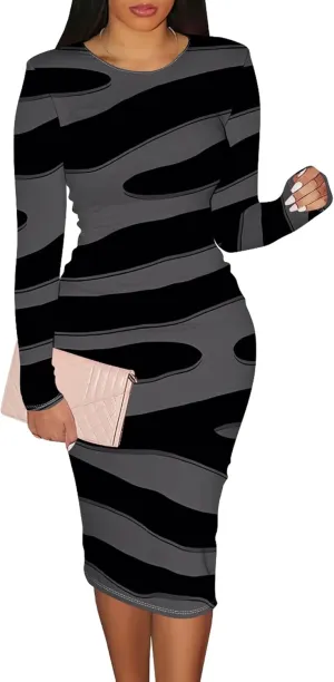 Women's Casual Ruched Basic Pencil Dress Sexy Crewneck Long Sleeve Tight Bodycon Midi Dress Cocktail Club wear Party Outfits