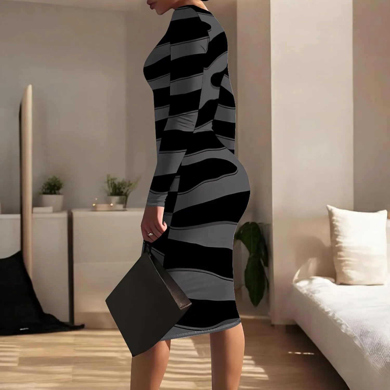 Women's Casual Ruched Basic Pencil Dress Sexy Crewneck Long Sleeve Tight Bodycon Midi Dress Cocktail Club wear Party Outfits