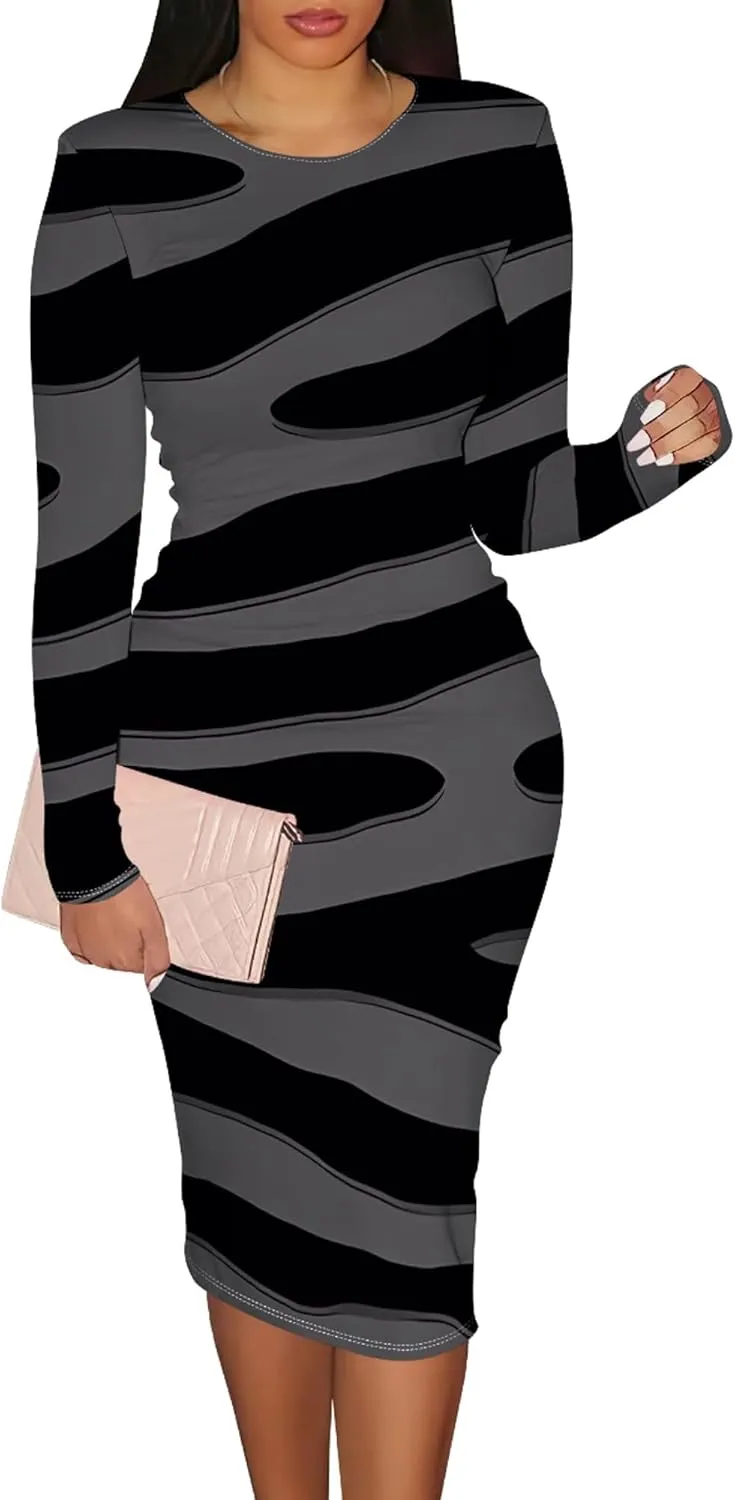 Women's Casual Ruched Basic Pencil Dress Sexy Crewneck Long Sleeve Tight Bodycon Midi Dress Cocktail Club wear Party Outfits