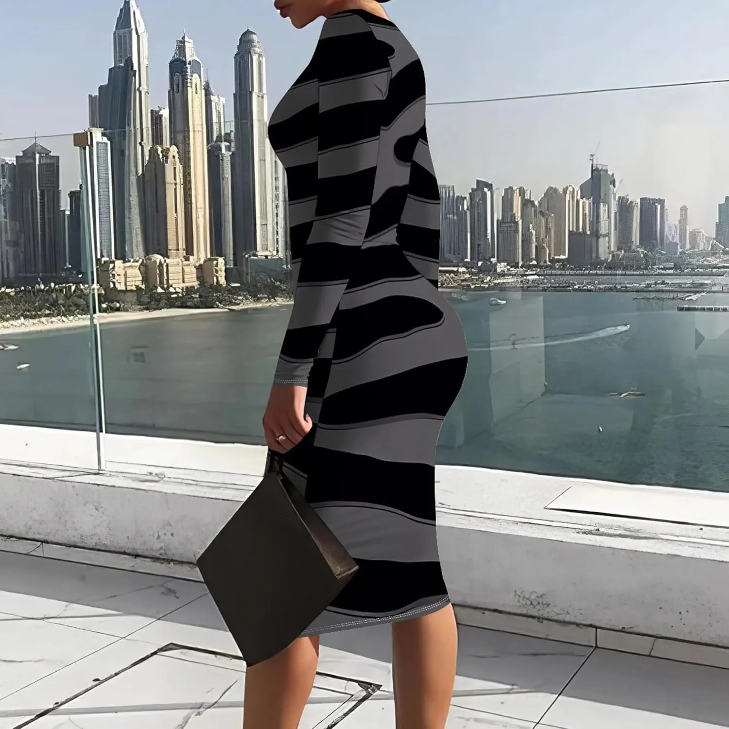 Women's Casual Ruched Basic Pencil Dress Sexy Crewneck Long Sleeve Tight Bodycon Midi Dress Cocktail Club wear Party Outfits