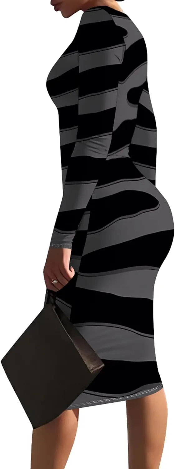 Women's Casual Ruched Basic Pencil Dress Sexy Crewneck Long Sleeve Tight Bodycon Midi Dress Cocktail Club wear Party Outfits